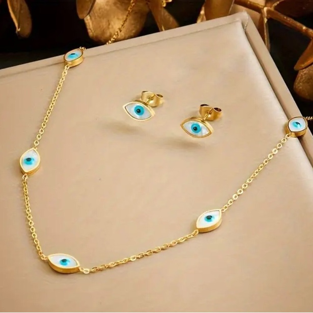 Evil Eye Necklace and Earring Set Gold Stainless Steel
